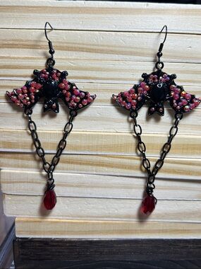 3/$25 Black Bat Drop Earrings with Red Accents